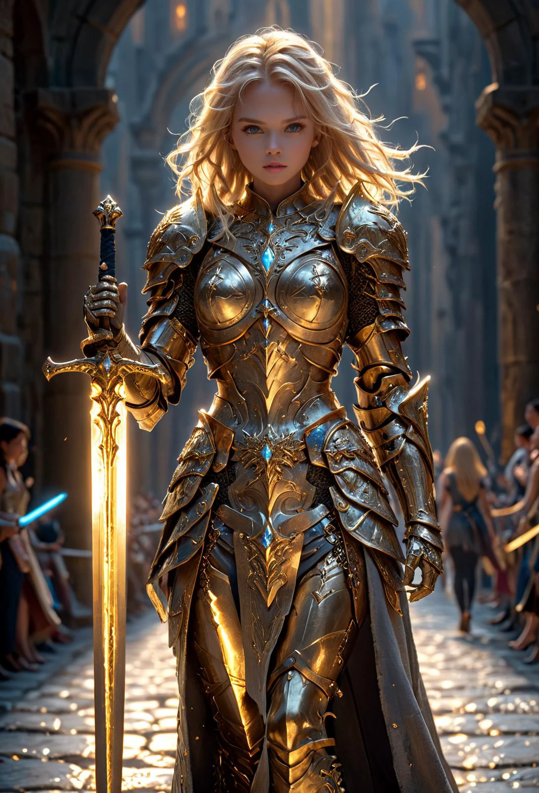 amazing quality, masterpiece, best quality, hyper detailed, ultra detailed, UHD, perfect anatomy,
fashion show, model, stylish pose, wearing fantastic armor, gold armor, holding glowing sword, runway, stone road, soft shades, blond hair, hand up,
HKStyle,
extremely detailed,
