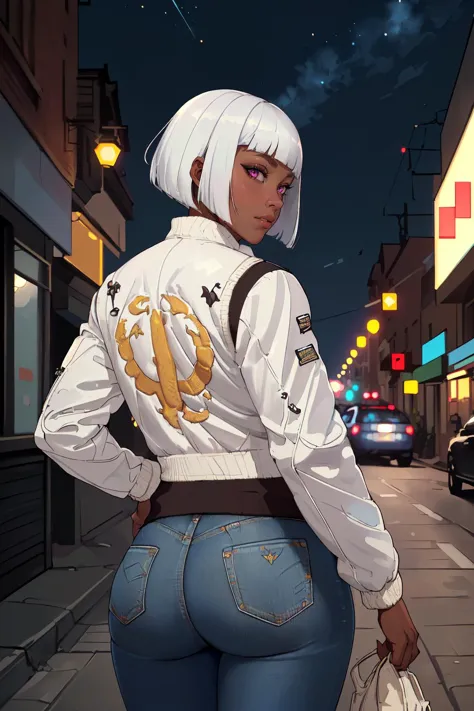 anime girl with white hair and blue jeans walking down the street