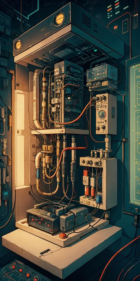 Ölgemälde isometrisches Diagramm eines kastenförmigen Fluxkompensators mit freiliegenden Vakuumröhren und einem Oszilloskop und einer digitalen Anzeige, Verkabelung, elektrisches Glühen