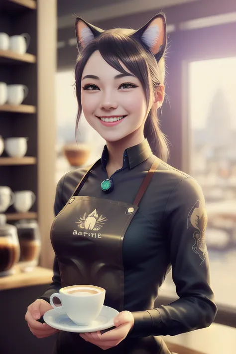 a beautiful (catgirl) barista smiling as she served a cup of coffee, cinematic, by artgerm and rossdraws and wlop, realistic, 64...