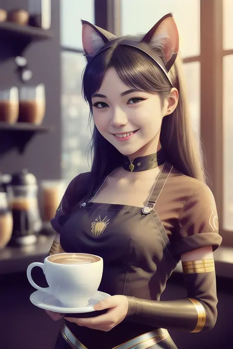 a beautiful (catgirl) barista smiling as she served a cup of coffee, cinematic, by artgerm and rossdraws and wlop, realistic, 64...