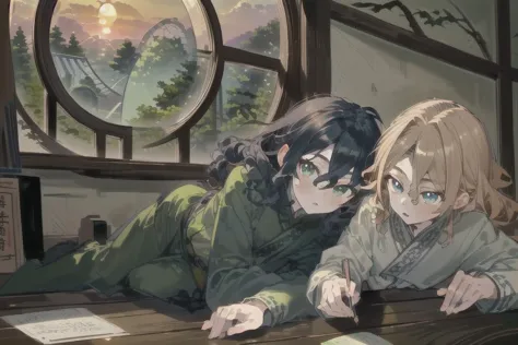 anime characters laying on a table in a room with a window