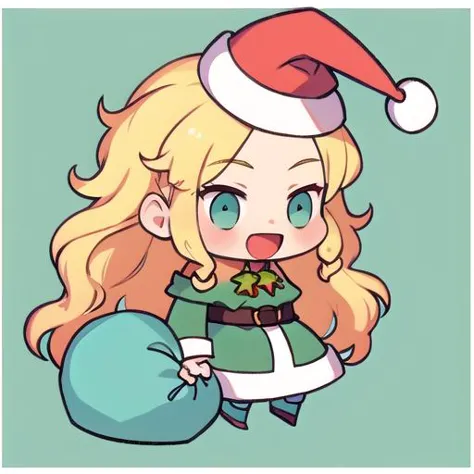 a cartoon girl with a santa hat and a bag