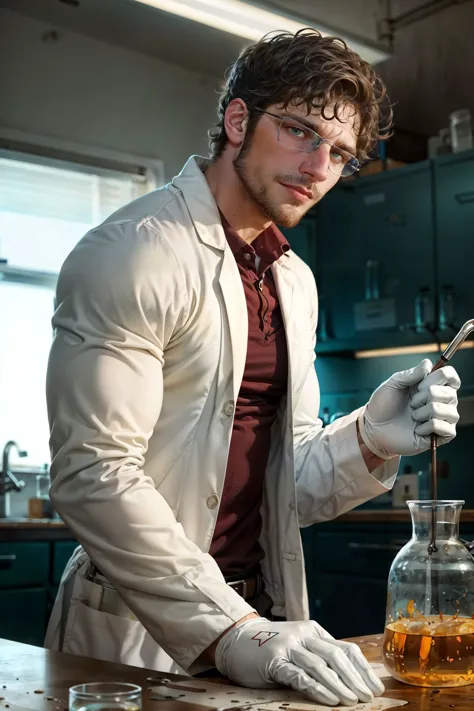 cowboy shot, sc_brandon as a scientist, biochemical laboratory, (wearing lab coat with long sleeves, polo shirt, white latex glo...