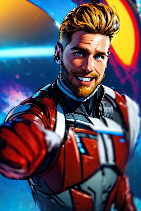 Star Lord, (masterpiece, best quality, ultra-detailed, highres),weapon, 1boy, male focus, solo, facial hair, blonde hair, smile,...