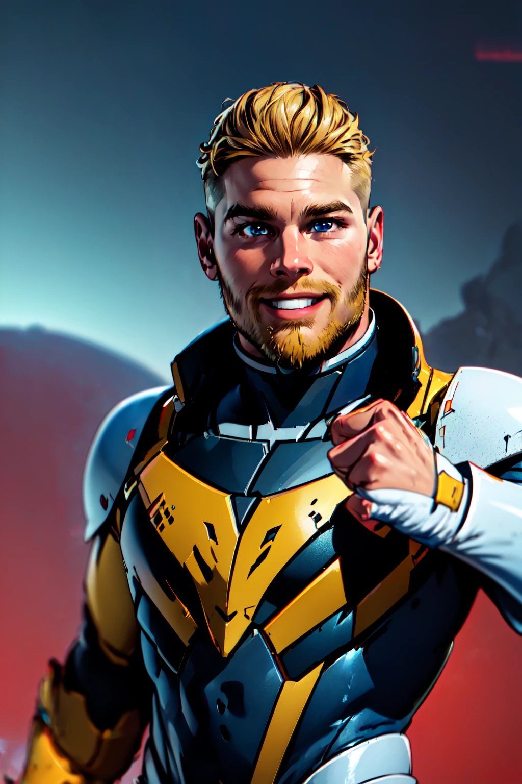 Star Lord, (masterpiece, best quality, ultra-detailed, highres),weapon, 1boy, male focus, solo, facial hair, blonde hair, smile, looking at viewer, blue eyes, realistic, upper body, beard, bodysuit, science fiction, power armor, clenched hand, fist in the air, white armor, armor 