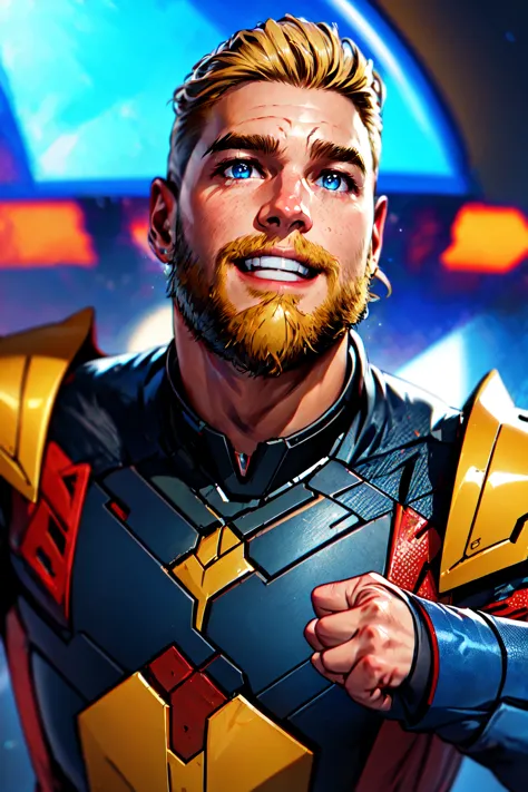 Star Lord, (masterpiece, best quality, ultra-detailed, highres),weapon, 1boy, male focus, solo, facial hair, blonde hair, smile,...