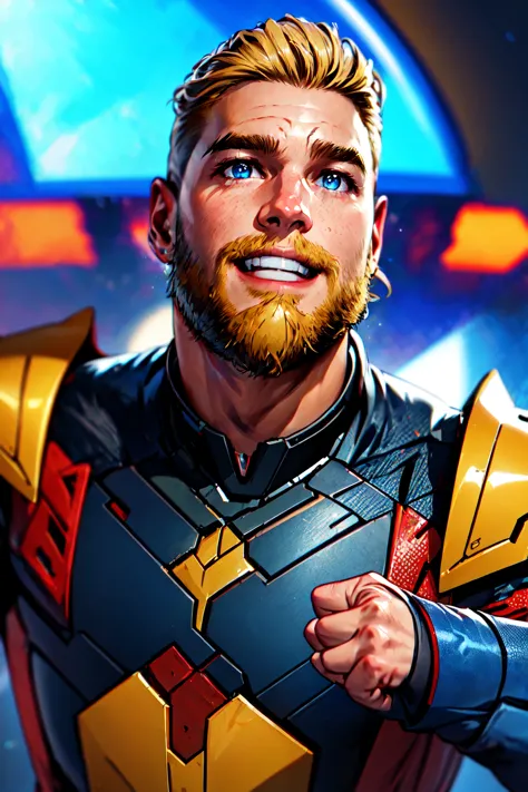 Star Lord, (masterpiece, best quality, ultra-detailed, highres),weapon, 1boy, male focus, solo, facial hair, blonde hair, smile, looking at viewer, blue eyes, realistic, upper body, beard, bodysuit, science fiction, power armor, clenched hand, fist in the air, white armor, armor <lora:Star_Lord-10:0.7>