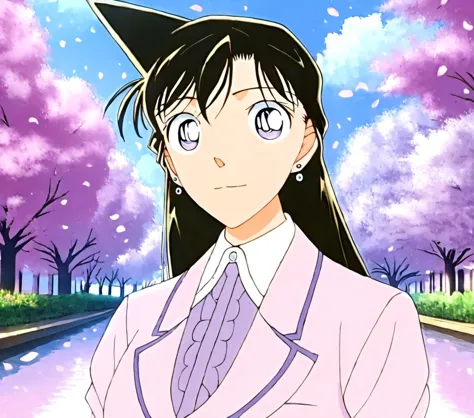 anime girl in a pink suit and cat ears standing in front of a pond