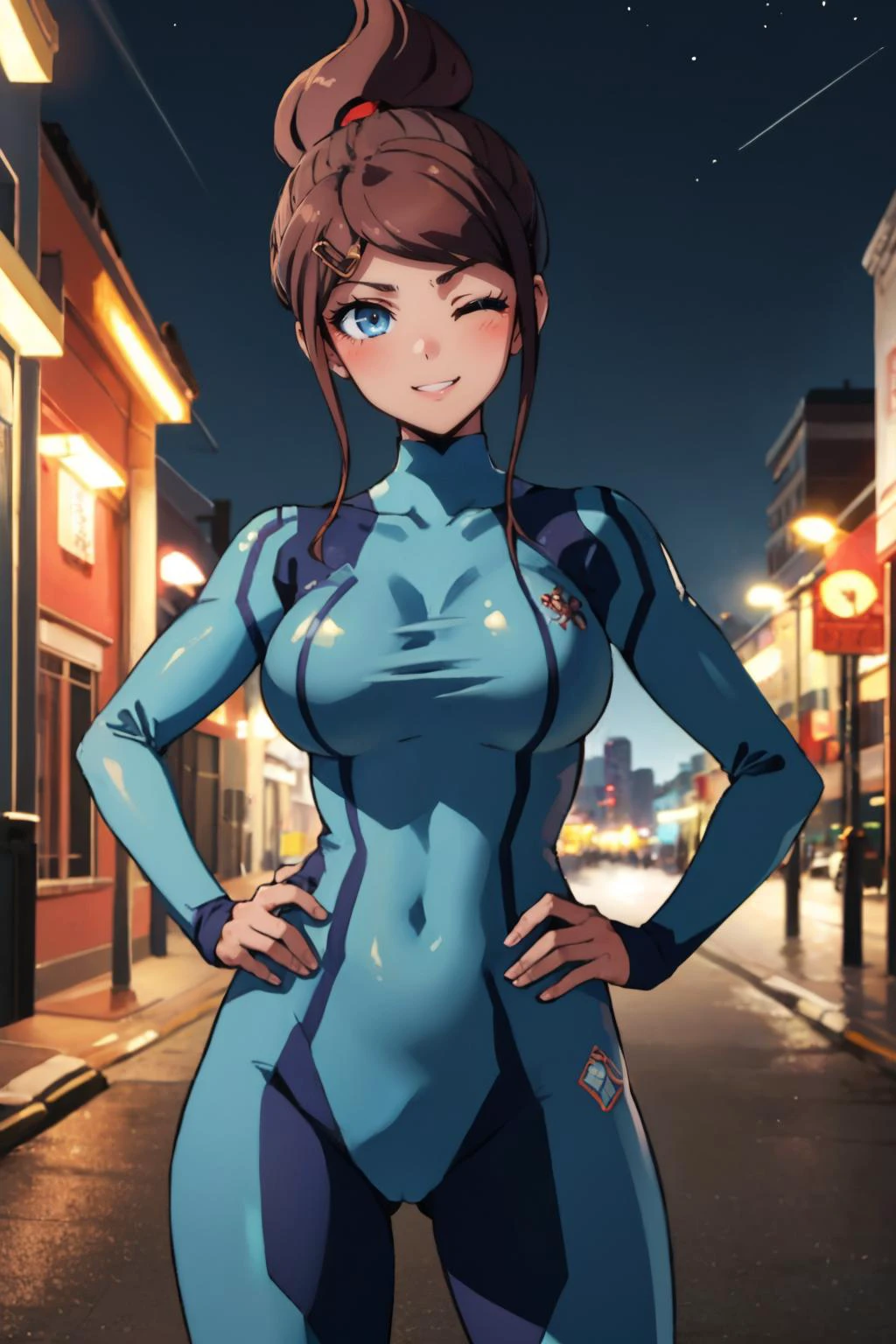 (best quality, masterpiece:1.2), 
asahina aoi, 1girl, solo, smile, one eye closed, hairclip, zero suit, large breasts, hands on hips, cowboy shot, outdoors, city street, night
