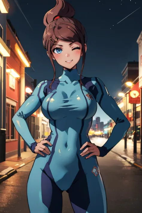 (best quality, masterpiece:1.2), 
asahina aoi, 1girl, solo, smile, one eye closed, hairclip, zero suit, large breasts, hands on ...