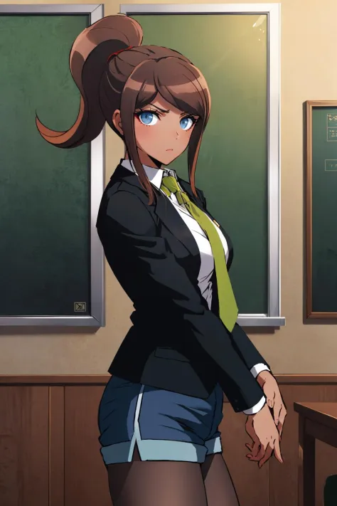 masterpiece, best quality, asahina aoi, tan, large breasts, green necktie, black suit, collared shirt, blue shorts, pantyhose, serious, cowboy shot, from side, looking at viewer, furrowed brow, dark room, schoolhouse, dimly lit