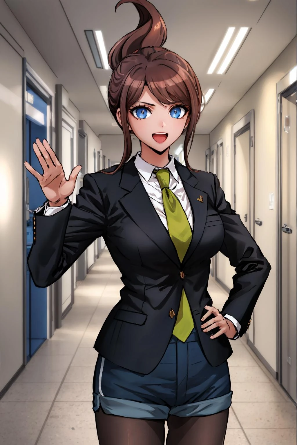 masterpiece, best quality, asahina aoi, tan, large breasts, green necktie, black suit, collared shirt, blue shorts, pantyhose, looking at viewer, furrowed brow, hallway, looking at viewer, hand to hip, waving, :D
