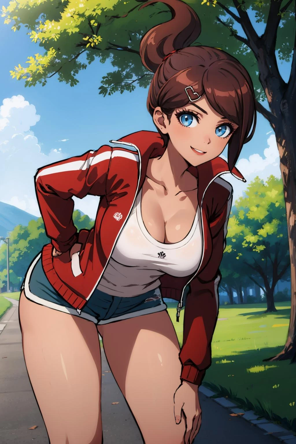 Obra maestra, mejor calidad, asahina aoi, Pinza para el cabello, chaqueta roja, escote, camiseta sin mangas blanca, shorts cortos, muslos, pechos grandes, parque, al aire libre, de un lado, sonrisa, mirando al espectador, Inclinándose hacia adelante