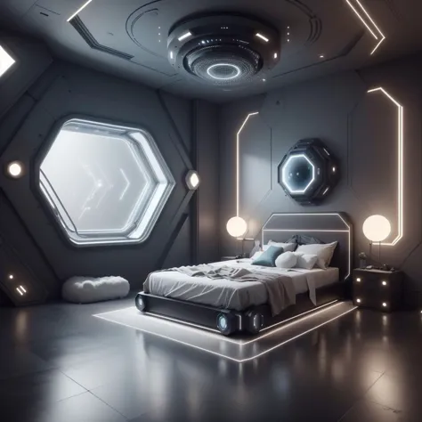 <lora:LEDarrayTech-20:0.8> , ledarraytech , scifi,   geometrical ,   tron, 
futuristic bedroom
