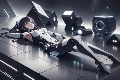 anime girl laying on a table with a robot in the background