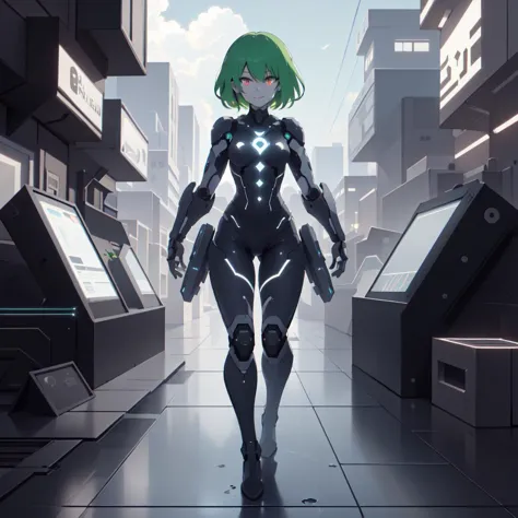 <lora:LEDarrayTech-20:0.8> , ledarraytech , scifi,   geometrical , full body, 
scholar , scroll, 1girl,short hair, green hair, g...