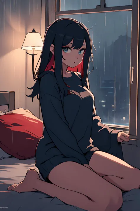 anime girl sitting on bed in front of window with red pillow