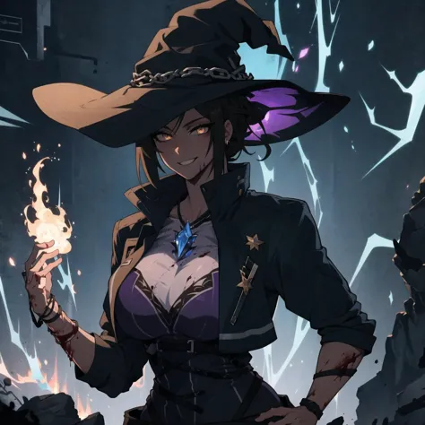 witch with a hat and a wand in a dark room