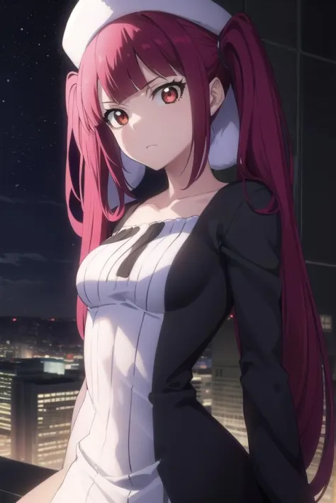 rirukadokugamine, riruka dokugamine, long hair, twintails, (red eyes:1.5), purple hair, bangs, blunt bangs,
BREAK thighhighs, hat, maid, long sleeves, gloves, dress, black dress, skirt, black skirt, collarbone,
BREAK outdoors, night, city,
BREAK looking at viewer, (cowboy shot:1.5),
BREAK (masterpiece:1.2), best quality, high resolution, unity 8k wallpaper, (illustration:0.8), (beautiful detailed eyes:1.6), extremely detailed face, perfect lighting, extremely detailed CG, (perfect hands, perfect anatomy),