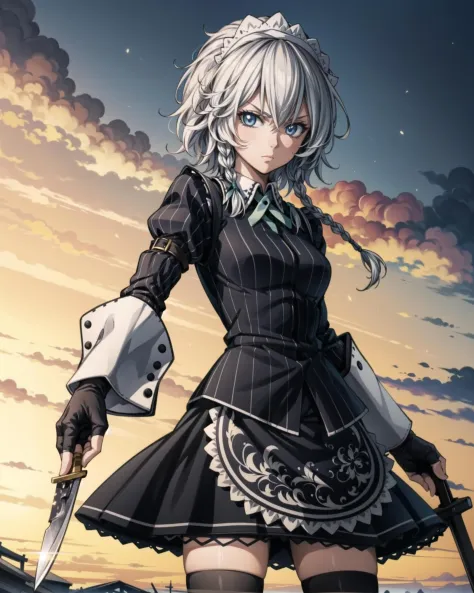 <lora:koumajoudensetsu_izayoi-10:1.0>, cowboy shot, solo, 1girl, kdizayoi, expressionless, closed mouth, looking at viewer, holding, weapon, knife, twin braids, maid headdress, maid, striped, thighhighs, fingerless gloves, watch, <lora:add_detail:1> , masterpiece, best quality,