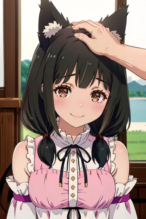 ultra detailed, sharp focus, best quality, masterpiece, HinoAkira, low twintails, solo, pink dress, bare shoulders, wolf girl, wolf tail, (wolf ears:1.3), masterpiece, intricate details, wide smile, silly face,  IncrsHeadpatPOV, pov, headpat, looking at the viewer,