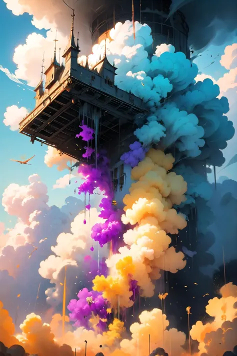 <lora:colorful_fumes:0.6>, colorful_fumes, smoke, fumes, smoke trail,
(flying house:1 1), capsule house, hanging in the air abov...