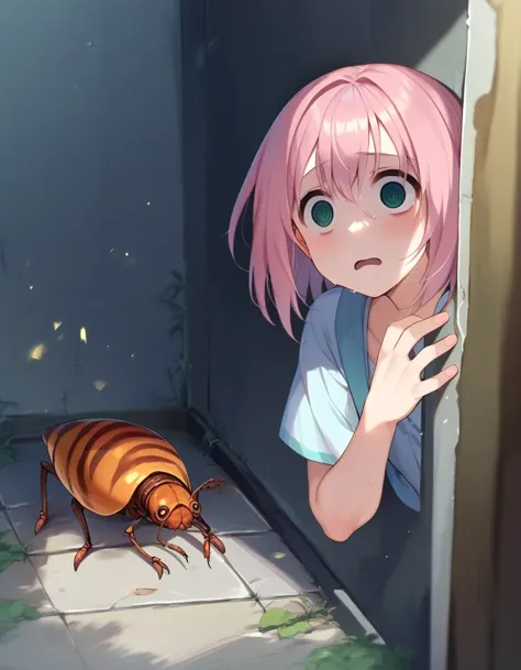 anime girl looking at a bug in a doorway