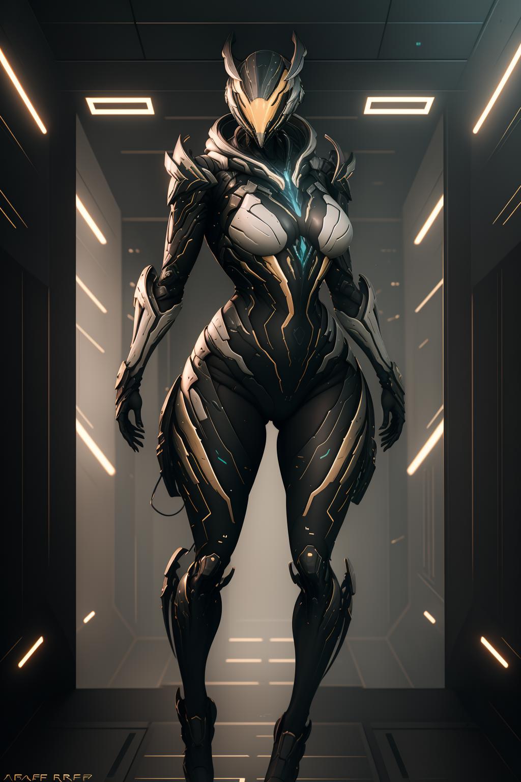 A woman in a futuristic suit standing in a dark room - SeaArt AI