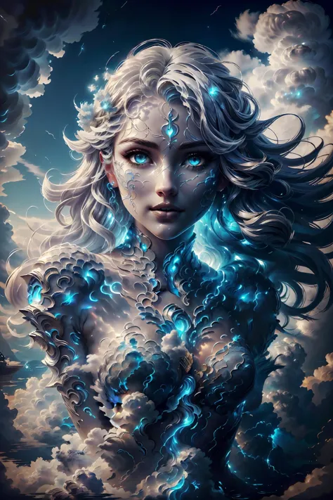 A cute woman, floats gracefully, her long, silvery hair flowing in the breeze. Her sky-blue eyes shimmer with an ethereal glow. ...