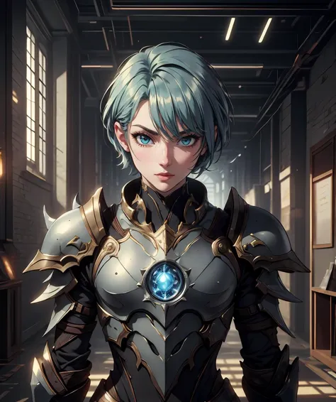 a woman in armor with blue hair and a blue eye