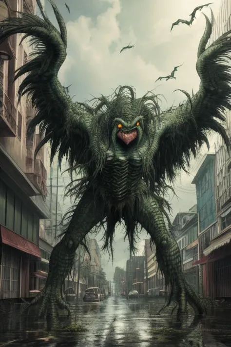 a close up of a monster with large wings on a city street