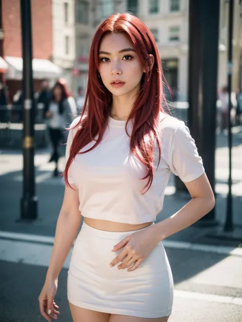 a woman with red hair and a white top posing for a picture