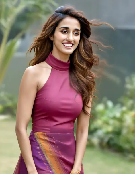 hires photo of Disha Patani woman studio quality, laughing, looking straight at viewer, high collar colorful indian dress, flowi...