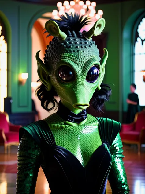 rodian alien,in a ball room,black evening dress,black hair,green scaly skin, masterpiece, best quality, soft light, bokeh, real shadow, cinematic, subsurface scuttering<lora:RodianXL:0.8>