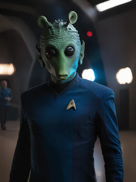 rodian alien in swearing blue stsnwunf uniform with black pants,professional photograph,detailed, sharp focus, dramatic, award winning,RAW photo, cinematic lighting, octane render, unreal engine, volumetrics dtx, (film grain, bokeh, blurry foreground, blurry background)<lora:SNWXLV2:0.8>  <lora:RodianXL:0.8>