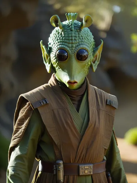 rodian alien wearing jedi robes,green skin,((best portrait)), (masterpiece, best quality), intricate details, realistic, photore...