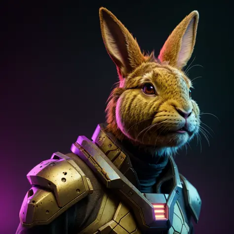 a fantz (creature:0.3)|bunny:0.5) portrait with a scfi costume, dynamic composition, cinematic lighting, warm and vibrant colors...
