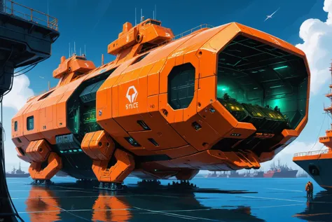 digital painting, scifi vehicle, a vast, heavy, orange cybernetic seagoing cargo freighter with bio-synthetic interfaces docked ...