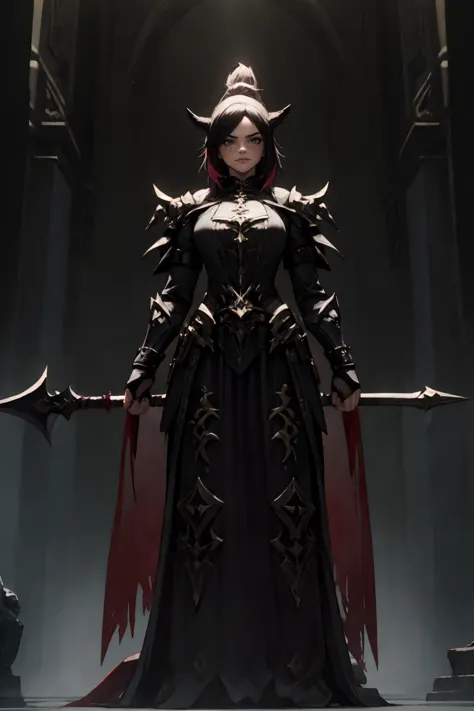 a woman in a black dress and red cape holding two swords