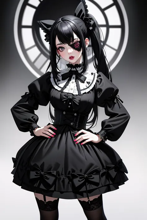 ((Masterpiece, best quality)), edgQuality,bimbo,glossy,(hands on hip)
GothGal, a woman in a black and white dress,ribbon,lace,go...