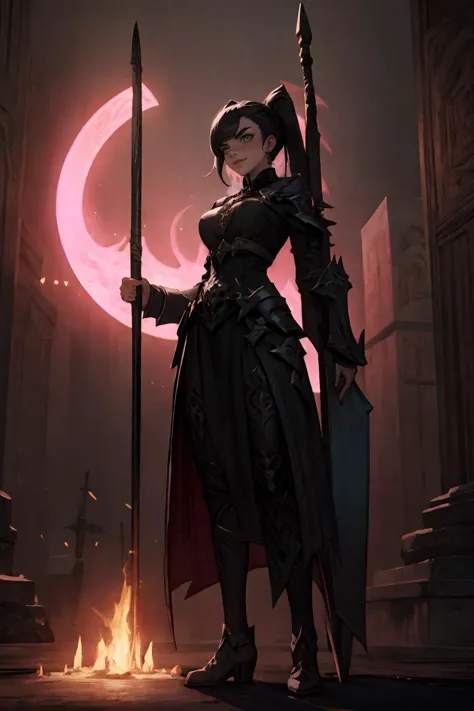 a woman in a black outfit holding a sword and a staff