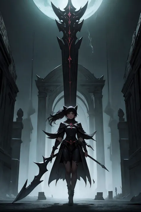 a woman in a black outfit holding a sword in front of a large moon