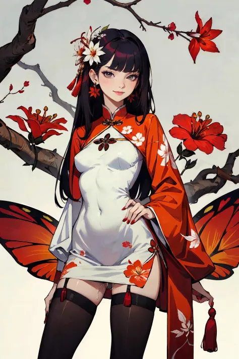 1girl, bangs, extremmly earrings, smug, detail eyes, stockings, spread pussy, pussy juice, gradient background, grey background, branch, bug, butterfly, camellia, daisy, floral_background, flower, hibiscus, lily_\(flower\), long_hair, long_sleeves, china dress, looking_at_viewer, maple_leaf, orange_flower, plum_blossoms, red_flower, red_nails, red_ribbon, smile, solo, spider_lily, tassel, legs focus, hip focus,