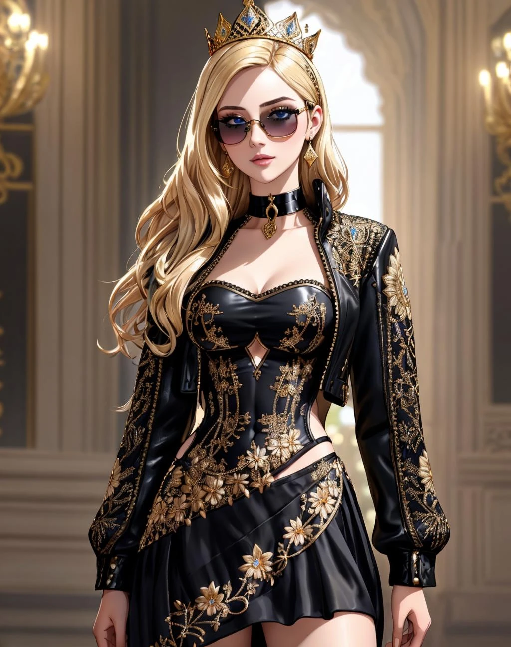 Masterpiece, absurdres,HDR,8k,best quality, ((((beautifully detailed eyes and face)))),beautiful blonde Nadia with a choker and sunglasses,Haute_Couture, designer dress, woman wearing a Haute_Couture dress,open front,floral embroidery,front view, crown,jewels,face focus, black leather jacket, golden embroidery,((navel cutout)), short skirt 