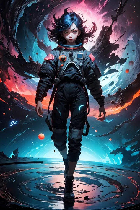 a woman in a space suit walking through a vortex