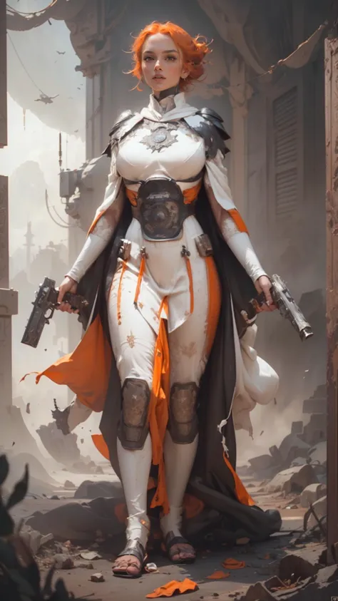 a woman in a white and orange outfit holding a gun