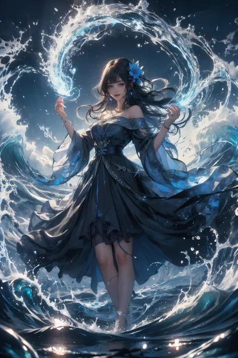 Best quality,masterpiece,ultra high res,<lora:shui 5:0.65>,
1girl,solo,long hair,dress,water,wide sleeves,breasts,hair ornament,black dress,bangs,standing,sky,looking at viewer,long sleeves,medium breasts,magic,hands up,bare shoulders,clothing cutout,smile,blue eyes,floating hair,outdoors,wading,ribbon,hair flower,closed mouth,filled with water energy,shui,