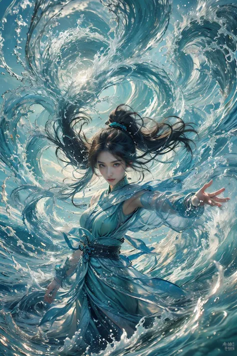 a woman in a blue dress is floating in the water