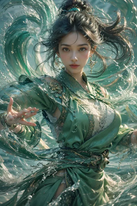 a woman in a green dress is in the water with her hands out